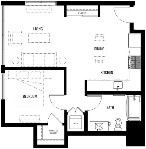 Floor plan for 1 bed, 1 bath, 683 sqft