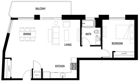 Floor plan for 1 bed, 1 bath, 897 sqft