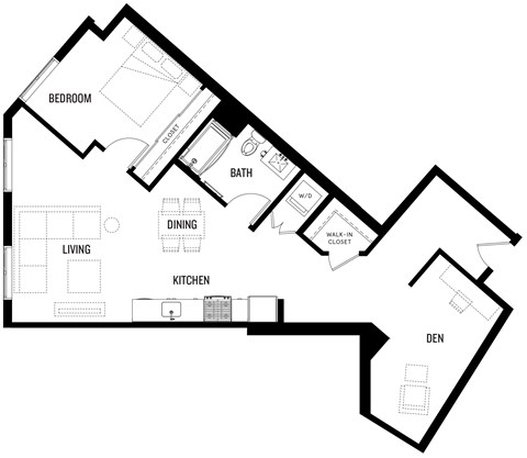 Floor plan for 1 bed, 1 bath, 952 sqft