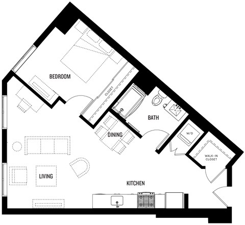 Floor plan for 1 bed, 1 bath, 728 sqft