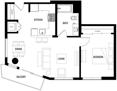 Floor plan for 1 bed, 1 bath, 757 sqft