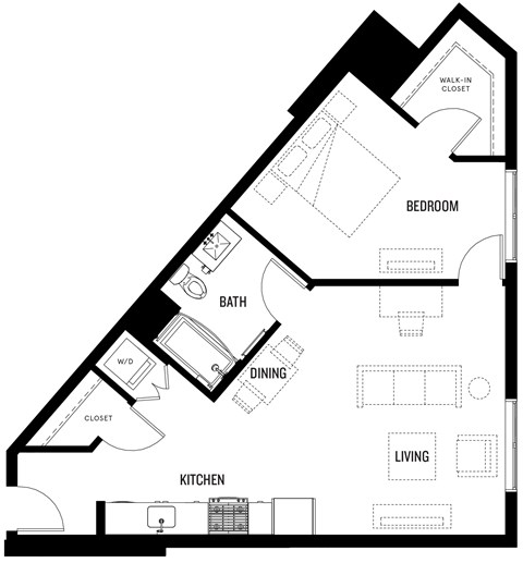 Floor plan for 1 bed, 1 bath, 781 sqft