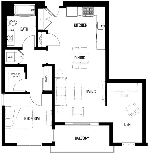 Floor plan for 1 bed, 1 bath, 903 sqft