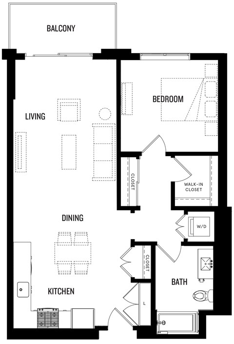 Floor plan for 1 bed, 1 bath, 774 sqft