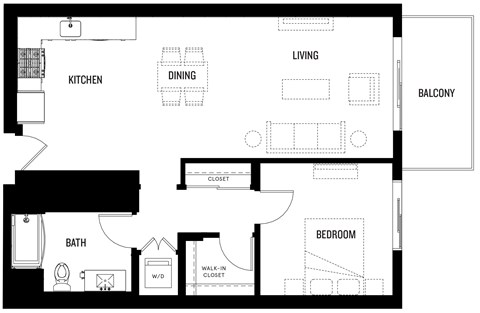 Floor plan for 1 bed, 1 bath, 839 sqft