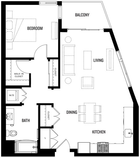 Floor plan for 1 bed, 1 bath, 841 sqft