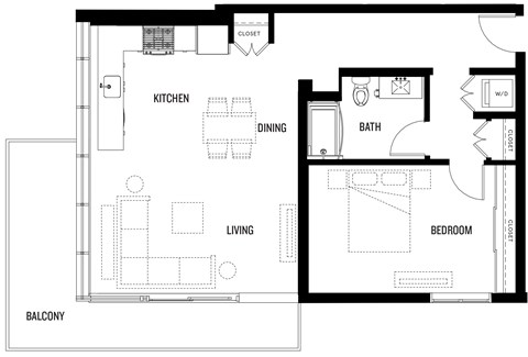 Floor plan for 1 bed, 1 bath, 870 sqft