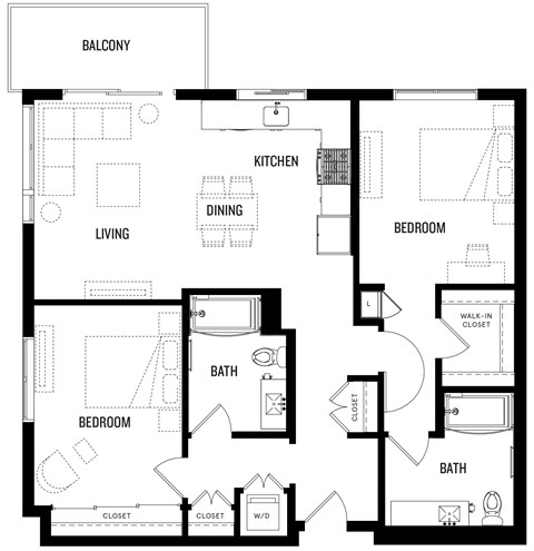 Floor plan for 2 beds, 2 baths, 1112 sqft