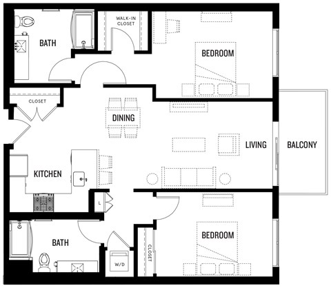Floor plan for 2 beds, 2 baths, 1156 sqft