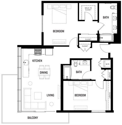 Floor plan for 2 beds, 2 baths, 1215 sqft