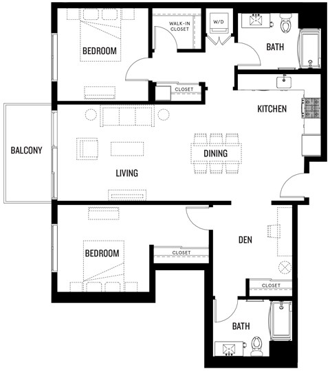 Floor plan for 2 beds, 2 baths, 1253 sqft