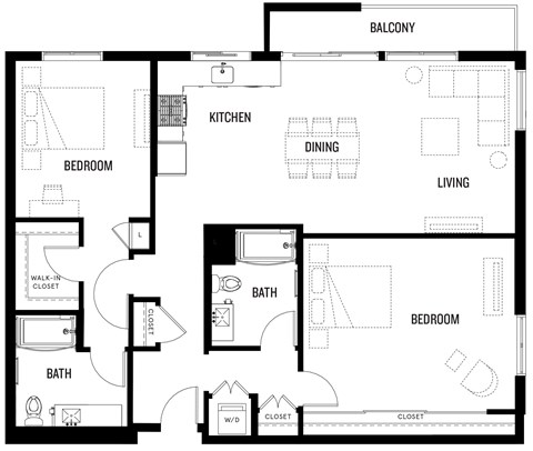 Floor plan for 2 beds, 2 baths, 1282 sqft