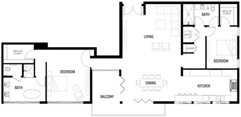 Floor plan for 2 beds, 2 baths, 2015 sqft