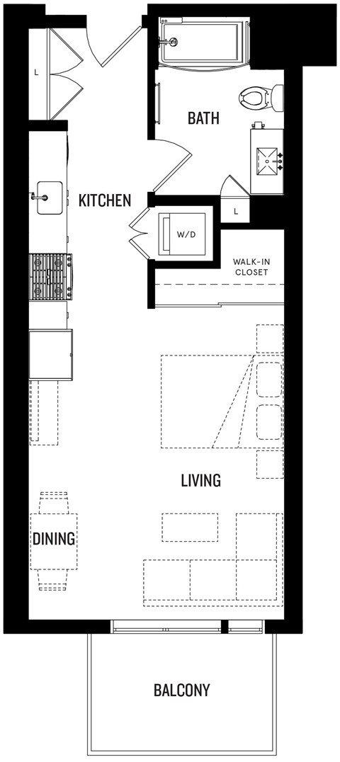 Floor plan for studio, 1 bath, 455 sqft