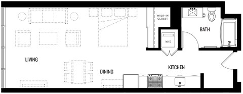 Floor plan for studio, 1 bath, 616 sqft