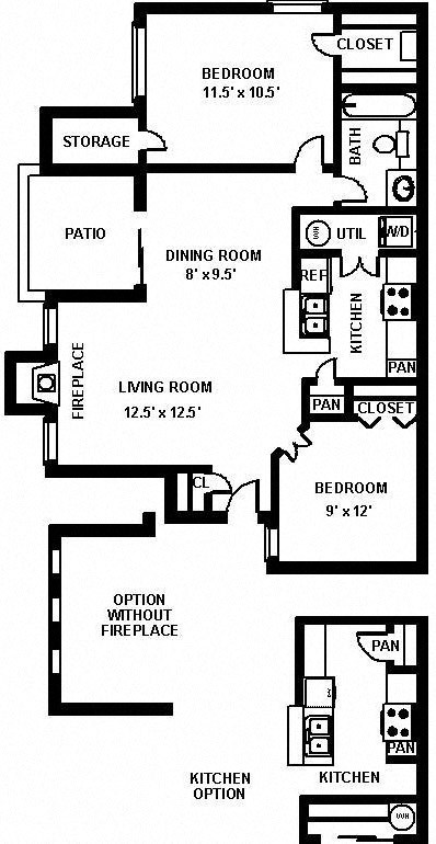 Floor plan for 2 beds, 1 bath, 820 sqft