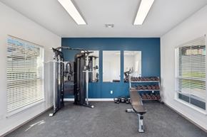 Pflugerville apartment for rent - A home gym with a variety of equipment including a treadmill, weights, and a bench.