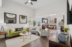 Pflugerville apartment for rent - A living room with a green couch, a coffee table, and a television.
