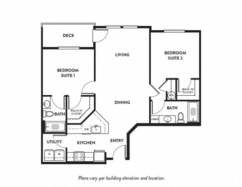 Floor plan for 2 beds, 2 baths, 945 sqft