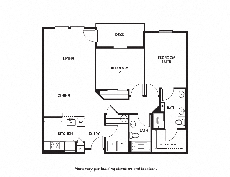 Floor plan for 2 beds, 2 baths, 988 sqft
