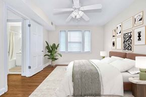 Silver Spring apartment for rent - A bedroom with a bed, a ceiling fan, and a plant.
