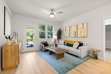 Bremerton apartment for rent - A living room with a white couch and a blue rug.