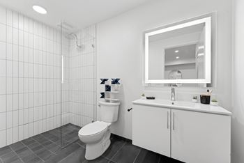 Quartz countertops and backsplash in kitchen and bathrooms