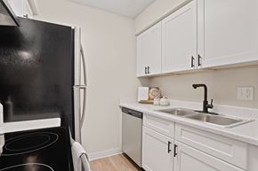 Salt Lake City apartment for rent - a kitchen with white cabinets and a black refrigerator and sink