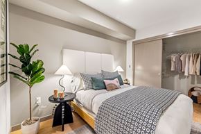 Seattle apartment for rent - A bedroom with a large bed and a potted plant.