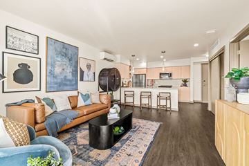 Seattle apartment for rent - A living room with a brown leather couch and a blue rug.