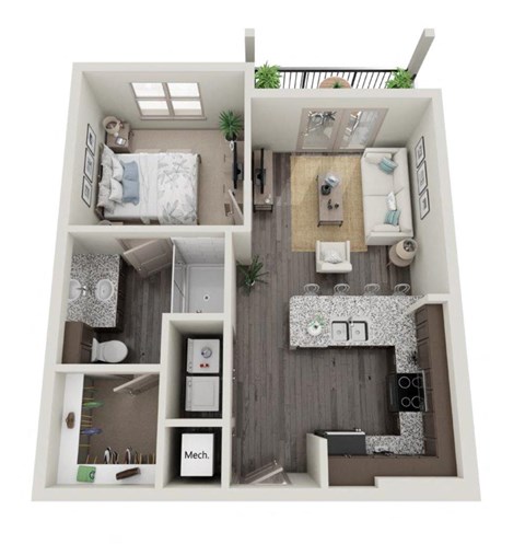 Floor plan for 1 bed, 1 bath, 627 sqft