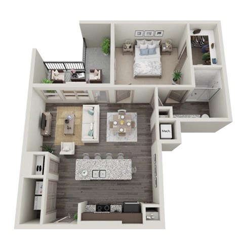 Floor plan for 1 bed, 1 bath, 849 sqft