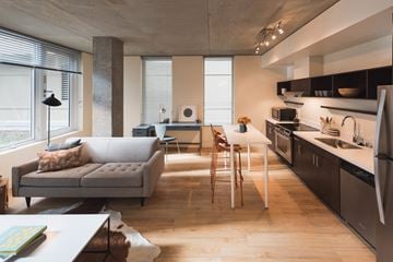 Bellevue apartment for rent - A modern living room with a grey couch and wooden floors.