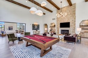 Mckinney apartment for rent - A pool table is in the middle of a room with a stone fireplace and a TV.