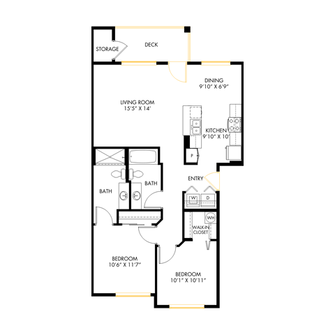 Floor plan for 2 beds, 2 baths, 968 sqft