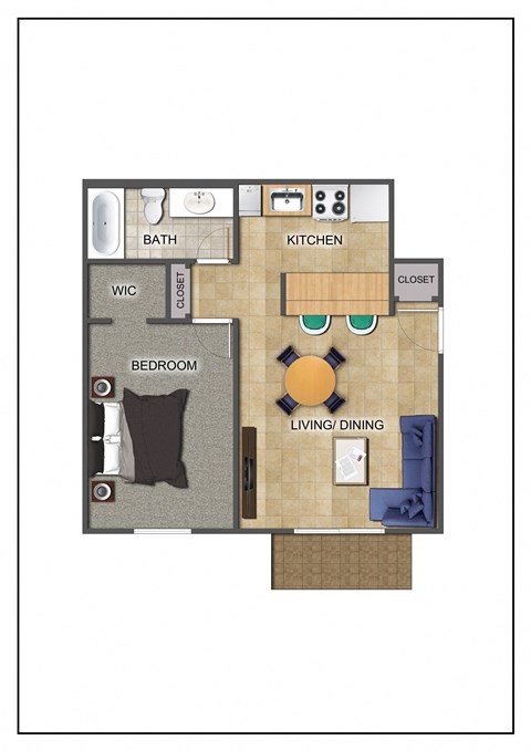 Floor plan for 1 bed, 1 bath, 576 sqft