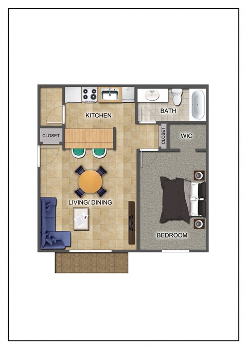Floor plan for 1 bed, 1 bath, 600 sqft