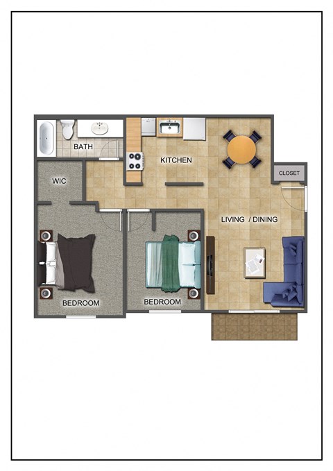 Floor plan for 2 beds, 1 bath, 910 sqft