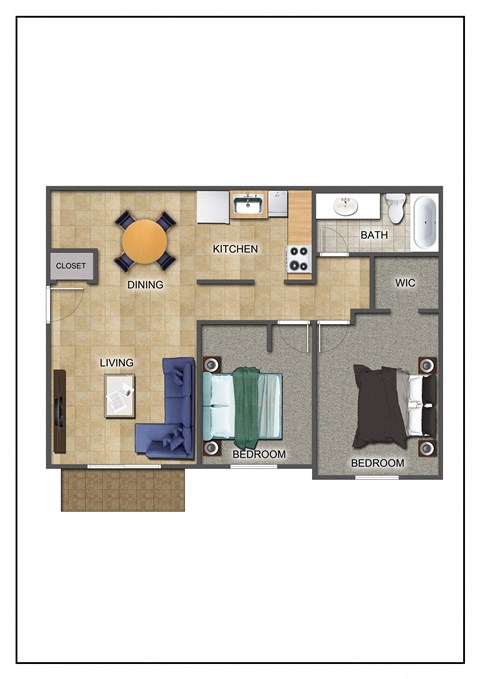 Floor plan for 2 beds, 1 bath, 886 sqft