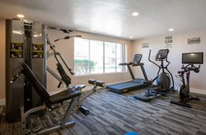 Tucson apartment for rent - A gym with a variety of equipment including treadmills, elliptical machines, and a weight rack.