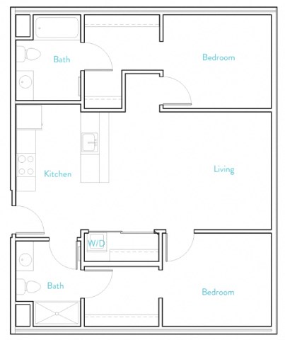 Floor plan for 2 beds, 2 baths, 1261 sqft