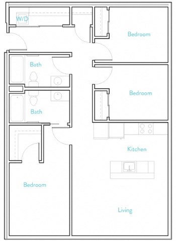Floor plan for 3 beds, 2 baths, 1154 sqft