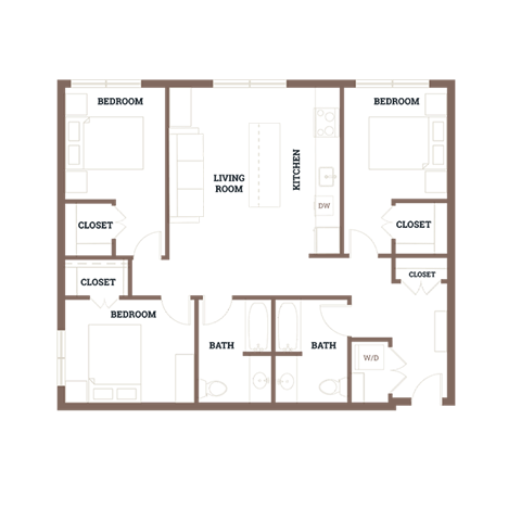 Floor plan for 3 beds, 2 baths, 1186 sqft