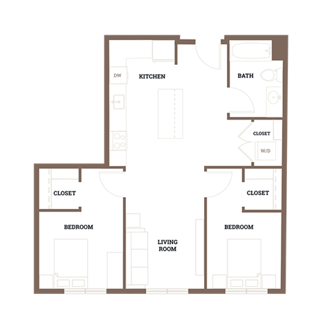 Floor plan for 2 beds, 1 bath, 804 sqft