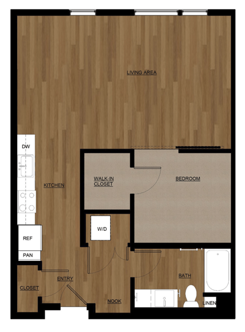 Floor plan for 1 bed, 1 bath, 800 sqft