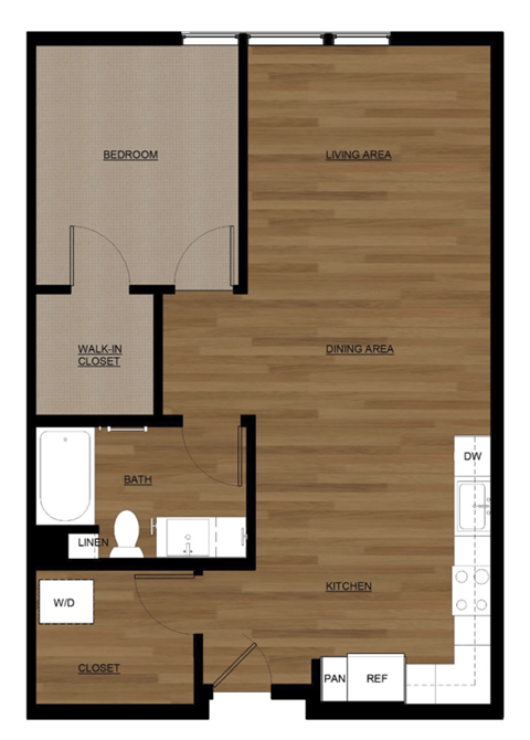 Floor plan for 1 bed, 1 bath, 771 sqft