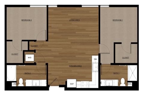 Floor plan for 2 beds, 2 baths, 1041 sqft