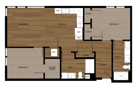 Floor plan for 2 beds, 2 baths, 1026 sqft