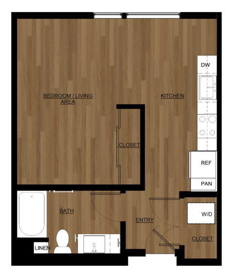 Floor plan for studio, 1 bath, 509 sqft