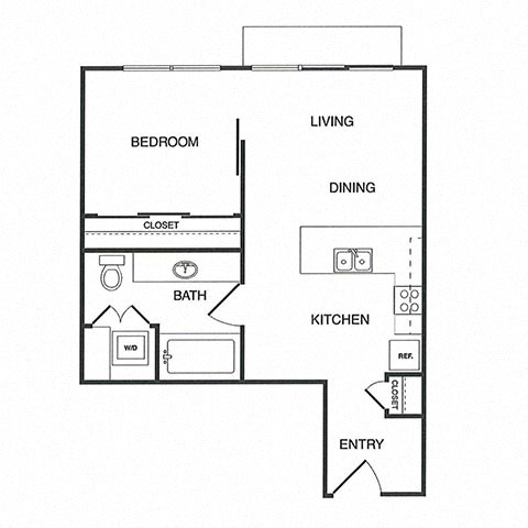 Floor plan for 1 bed, 1 bath, 600 sqft